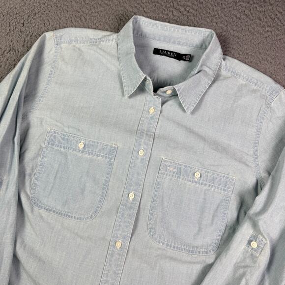 Lauren Ralph Lauren Chambray Denim Shirt Womens 2X Blue Roll Tab Sleeve Pockets - Picture 1 of 10